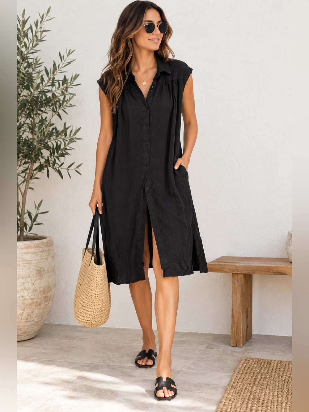 All Row Black Sleeveless Button Front Shirt Dress Collared Minimalist Office